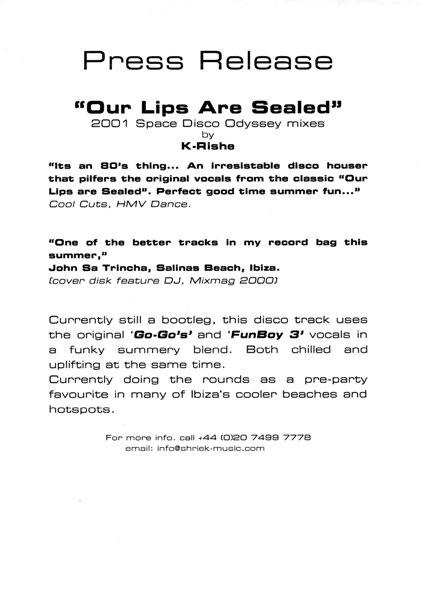 K-Rishe - Our Lips Are Sealed (2001 Space Disco Odyssey Mixes)